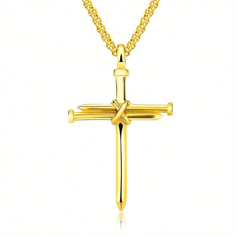 Steel Gold Black Color Fashion Mens Iron Nail Cross Pendant Necklace Stainless Steel 3mm Round Box Chain Jewelry Gift For Men - ZENTRION