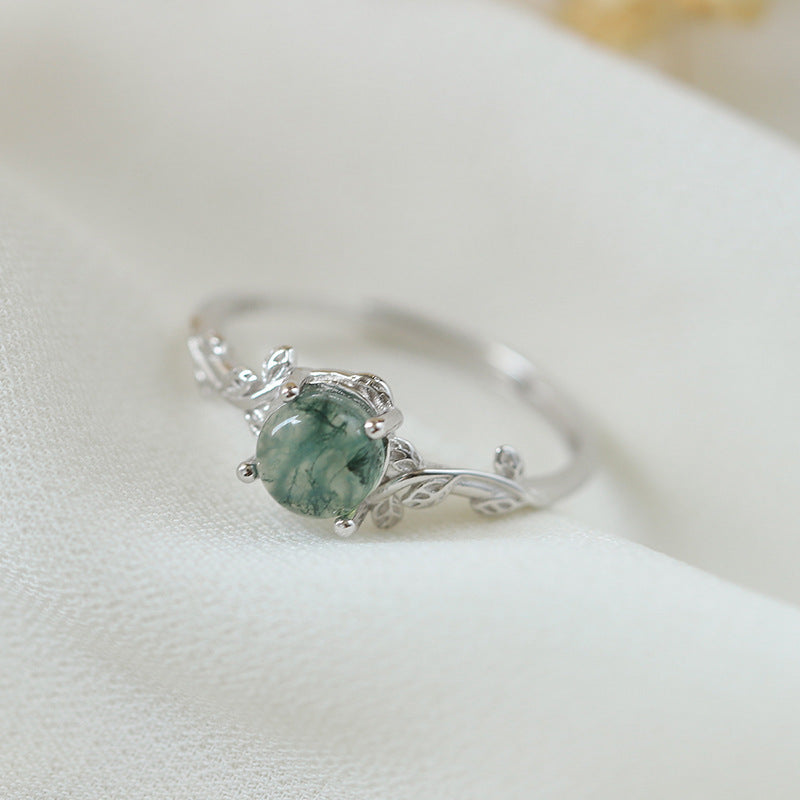 S925 Silver Green Moss Ring Water Plants Agate Stone Finger Ring - ZENTRION