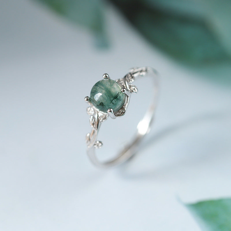 S925 Silver Green Moss Ring Water Plants Agate Stone Finger Ring - ZENTRION