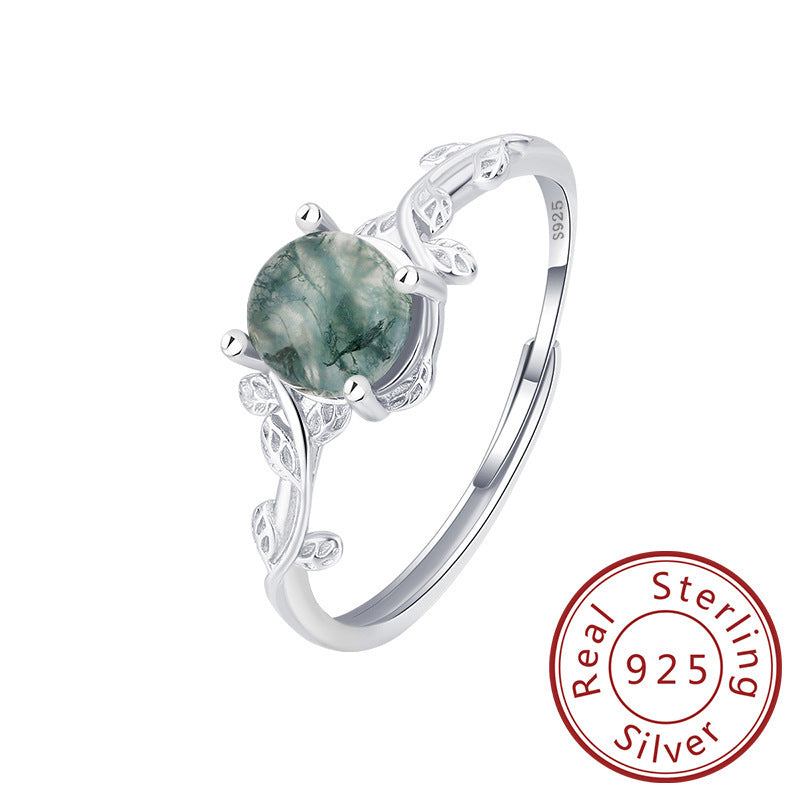 S925 Silver Green Moss Ring Water Plants Agate Stone Finger Ring - ZENTRION