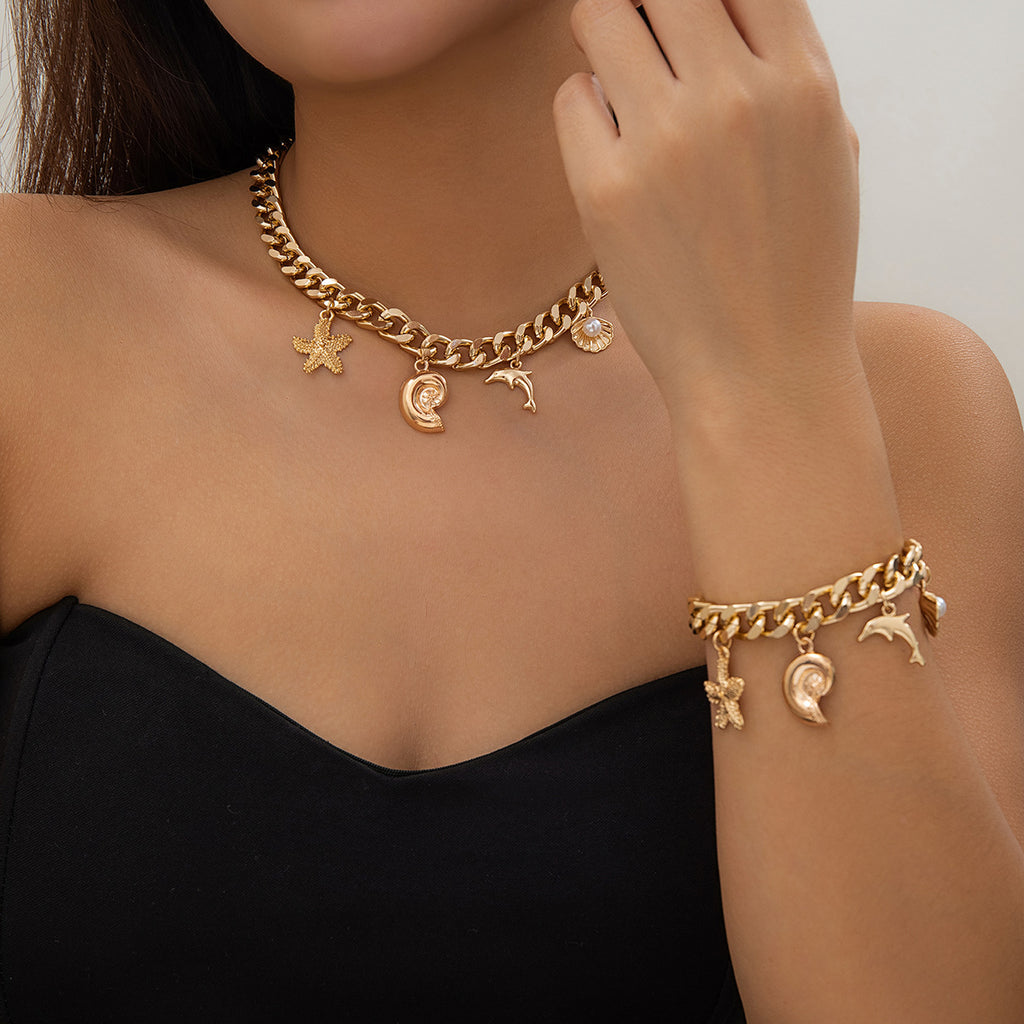 Ocean Boho Charm – Dolphin, Starfish & Shell Pendant Set (Choker & Bracelet) - ZENTRION