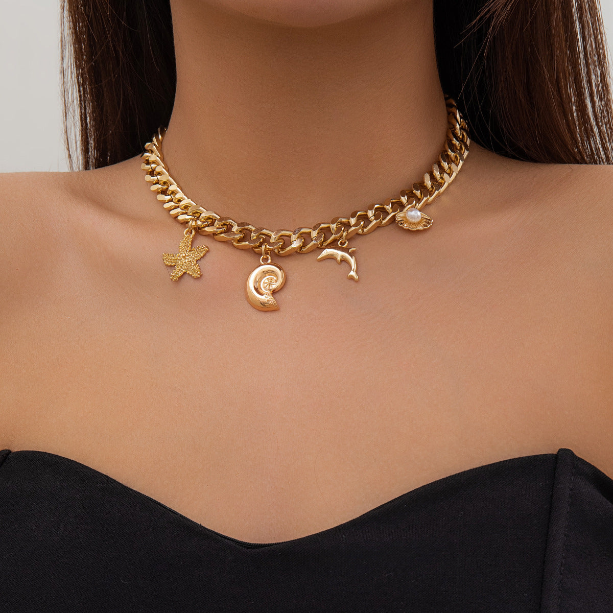 Ocean Boho Charm – Dolphin, Starfish & Shell Pendant Set (Choker & Bracelet) - ZENTRION
