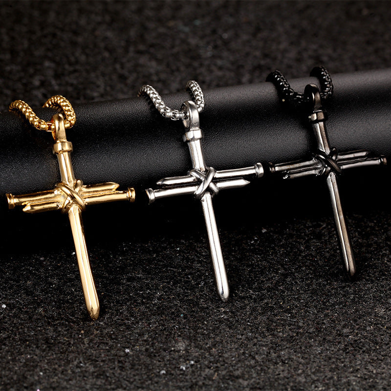 Steel Gold Black Color Fashion Mens Iron Nail Cross Pendant Necklace Stainless Steel 3mm Round Box Chain Jewelry Gift For Men - ZENTRION