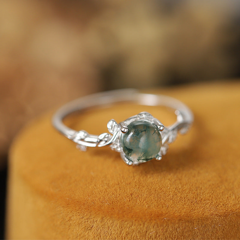 S925 Silver Green Moss Ring Water Plants Agate Stone Finger Ring - ZENTRION